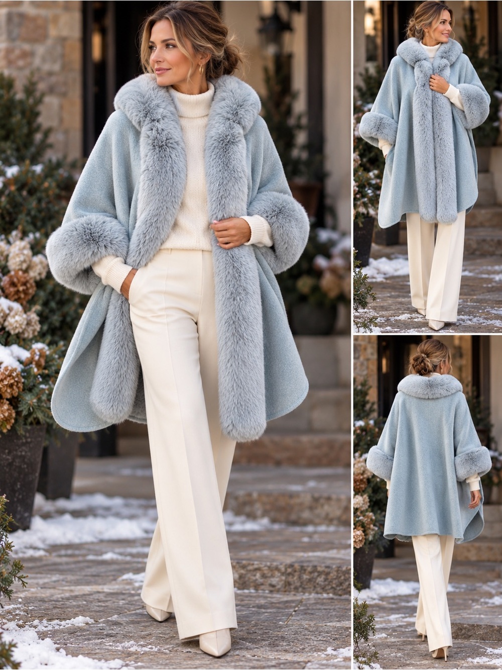 100% Viscose Faux Fur Trimmed Hooded Poncho in Icy Blue